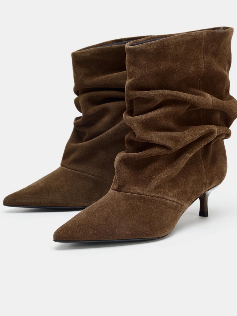 Zara Brown Suede Slouch Pointed-Kitten Heel Ankle Boots
